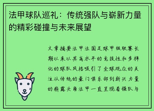 法甲球队巡礼：传统强队与崭新力量的精彩碰撞与未来展望
