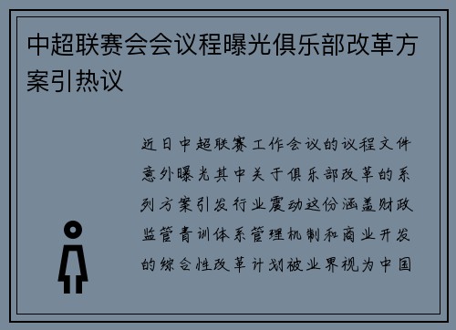 中超联赛会会议程曝光俱乐部改革方案引热议